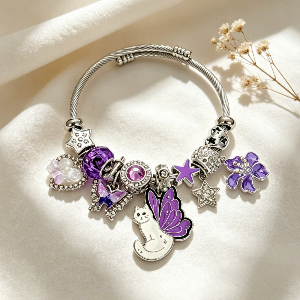 Wholesale Dreamy Purple Cat Design Beaded Bracelet Stainless Steel With Star Butterfly Flower Charms Fashion Accessory Gift