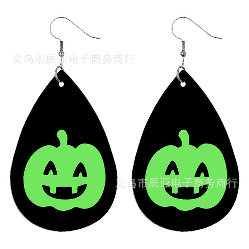 Wholesale Halloween Pumpkin Skull Fluorescent Green Luminous Leather Earrings ACC-ES-ChenY039