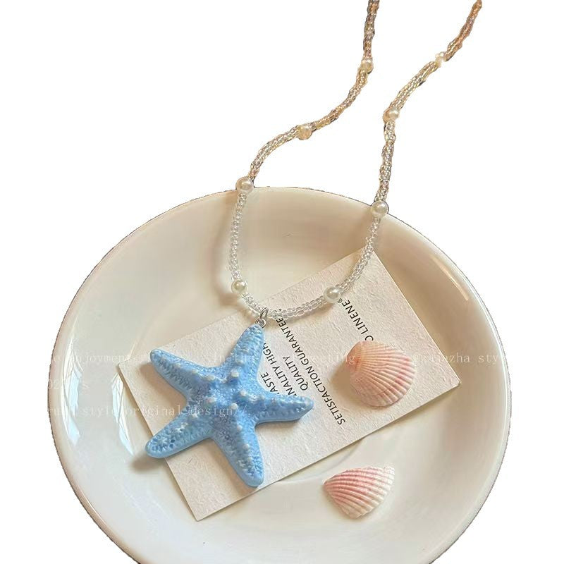 Wholesale Plastic Resin Long Beaded Starfish Necklace Summer Beach Vacation Style Yellow Pendant Jewelry Accessory For Women