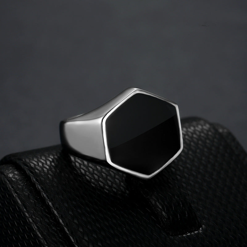 Wholesale Hexagon Black Glossy Stainless Steel Ring Men's Titanium Steel Ring ACC-RS-Qiaoa003