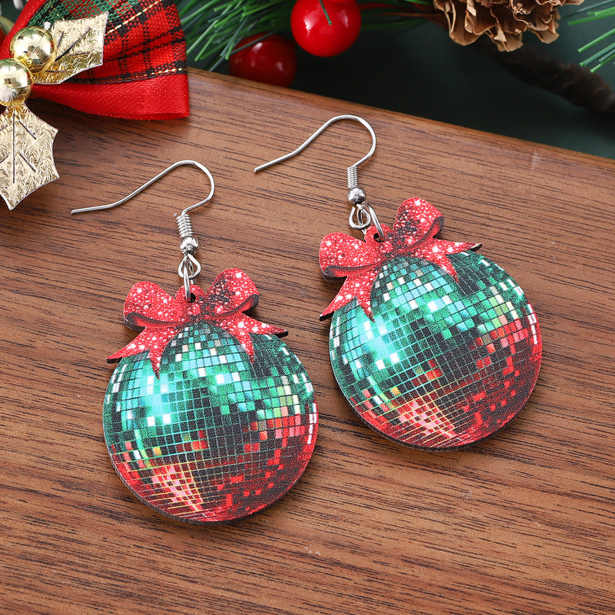 Wholesale Christmas and New Year bow traffic light ball pendant earrings wooden
