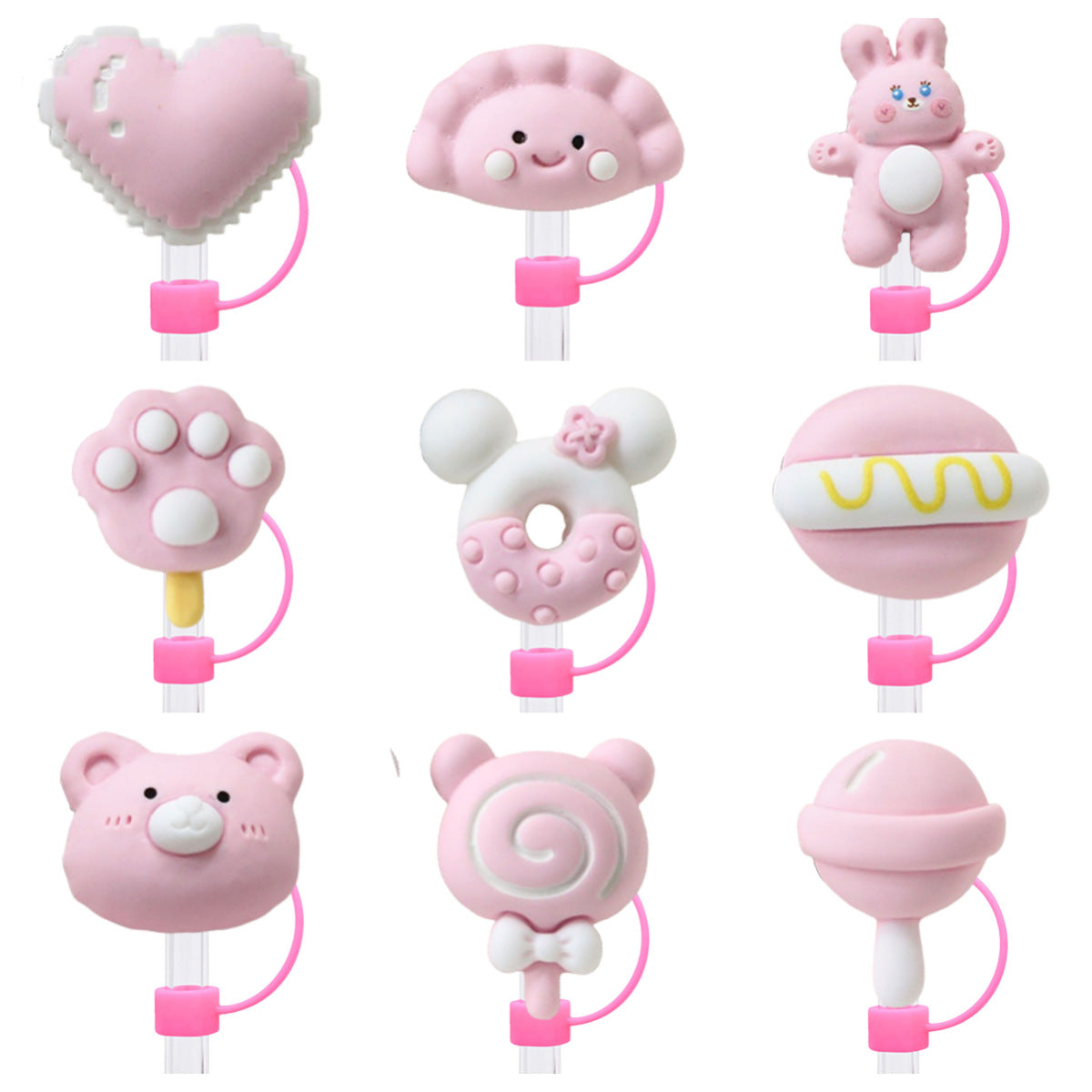 Wholesale 10mm Pink and White Hot Dog Lollipop PVC Soft Straw Tube Cap