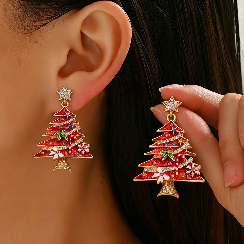 Wholesale Christmas Tree Earrings For Women Colorful Rhinestone Gold Tone Party Jewelry Gift