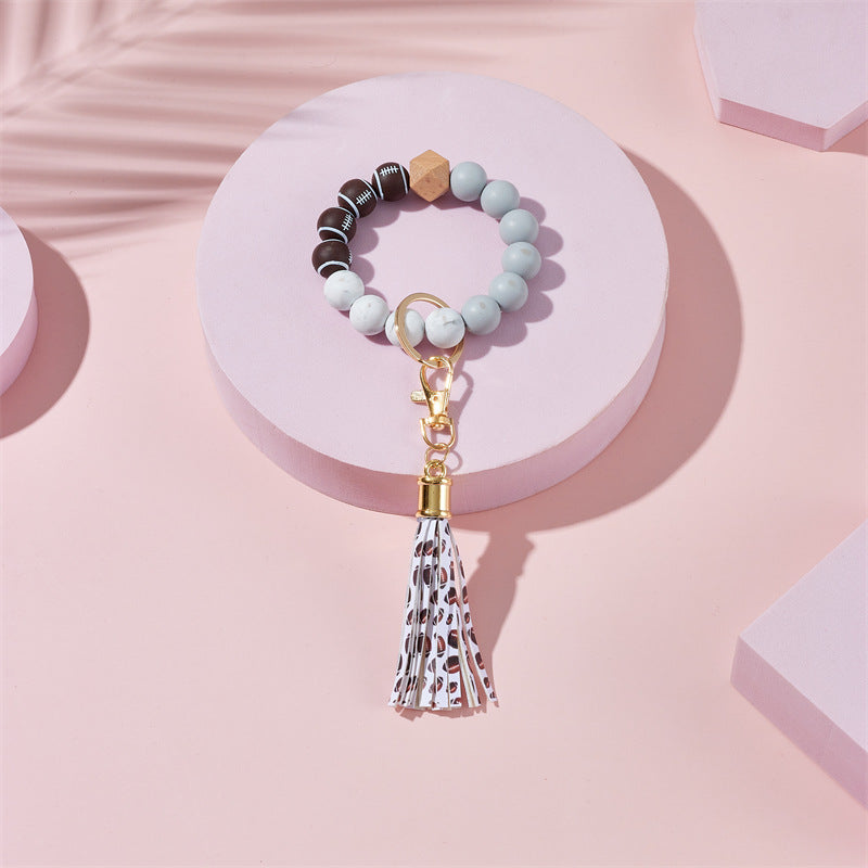 Wholesale Football Basketball Baseball Silicone Beaded Leather Tassel Wrist Keychain