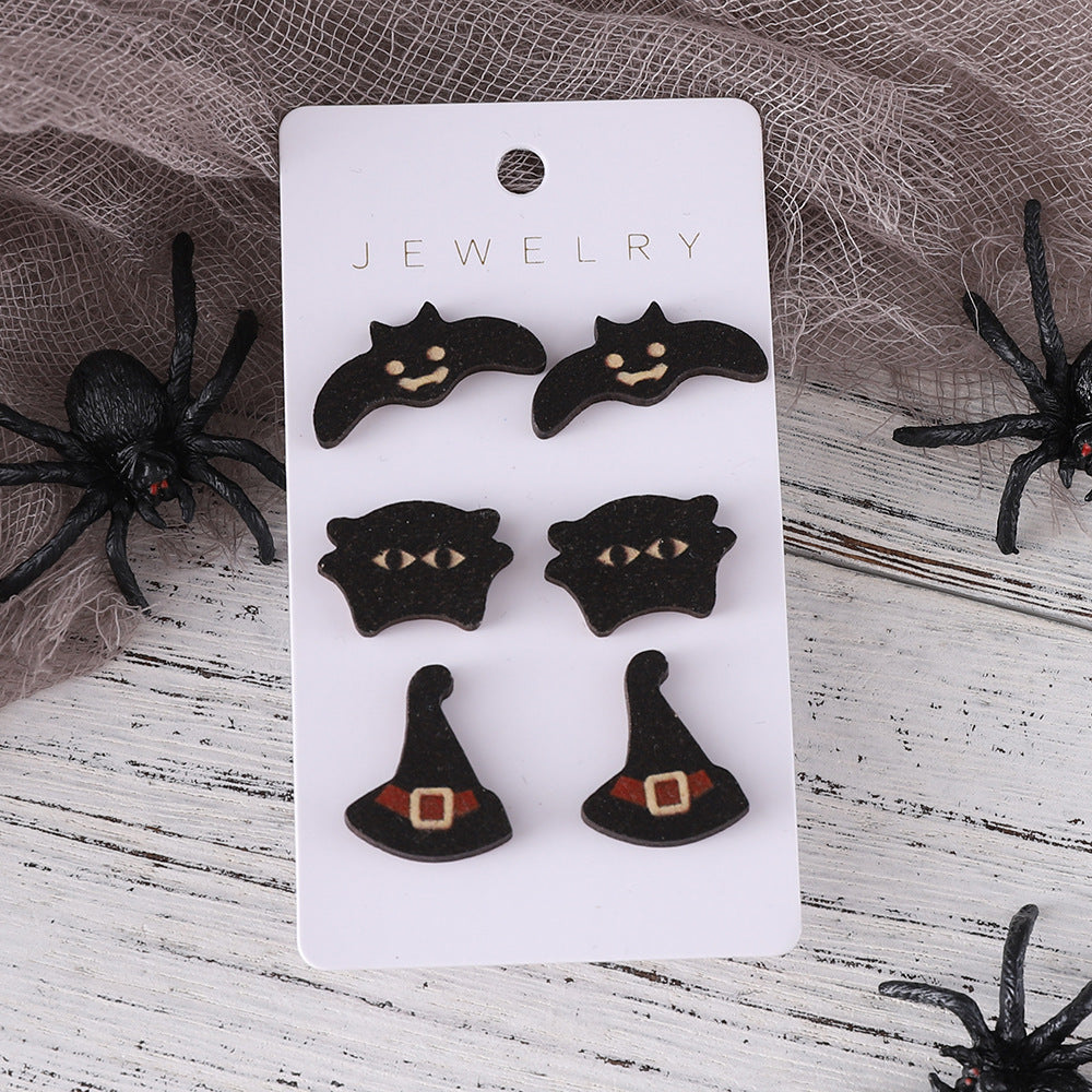Wholesale Halloween Bat Black Cat Witch Hat Earrings Set