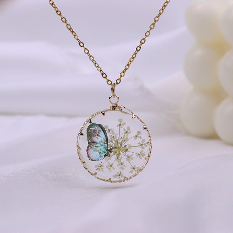 Wholesale Butterfly  Gold and Silver Dried Flower Glass Pendant Necklaces