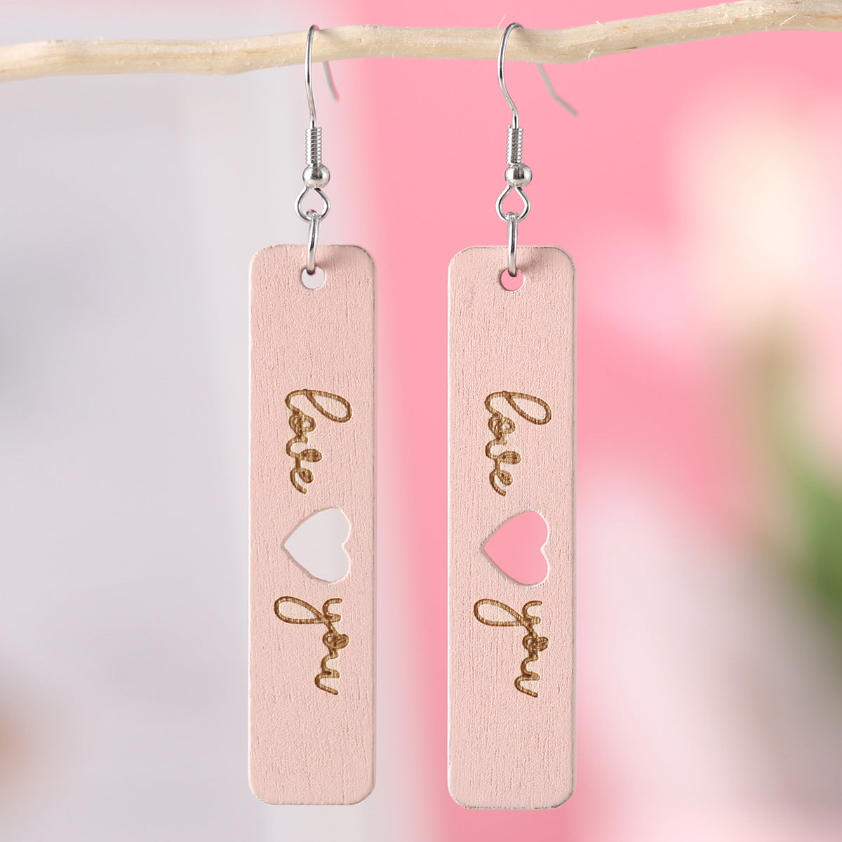 Wholesale Wooden Valentine' s Day hollow heart-shaped square earrings
