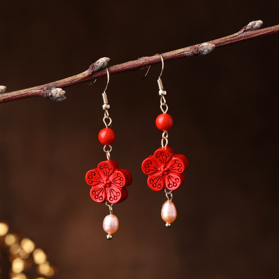 Wholesale Hanfu Retro Plum Blossom Freshwater Pearl Earrings Chic Fashion Jewelry Accessory For Boutique Resale
