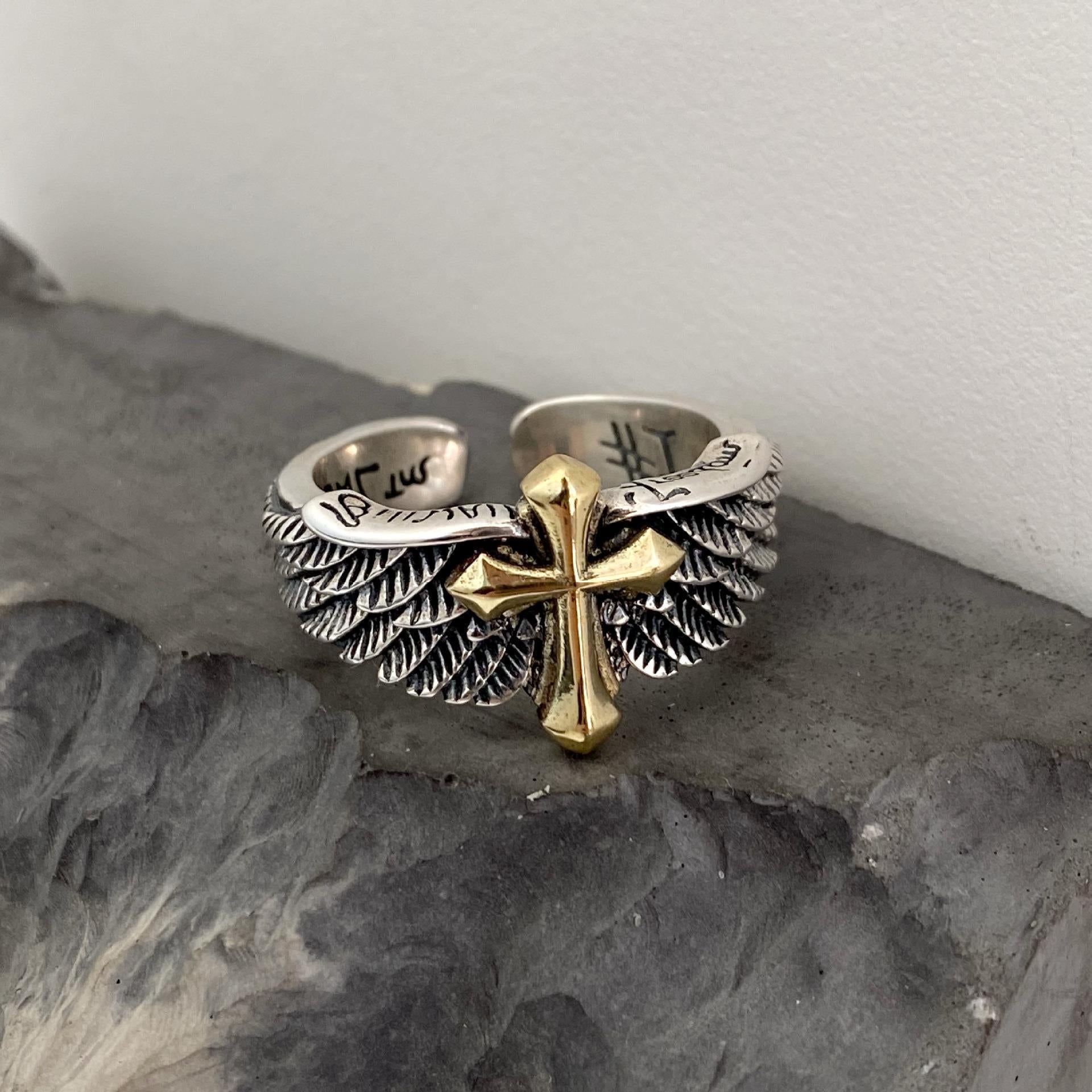 Wholesale Vintage Angel Wings Cross Adjustable  Ring