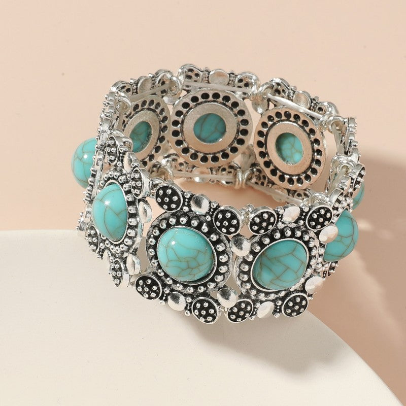 Wholesale Ethnic Style Retro Alloy Turquoise Elastic Bracelet Bohemian Bracelet ACC-BT-JunJie004