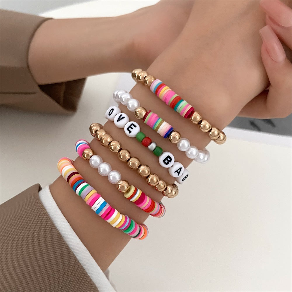 Wholesale Summer Colorful Soft Clay Pieces Smiling Face Beaded Elastic Bracelet Set ACC-BT-MY004
