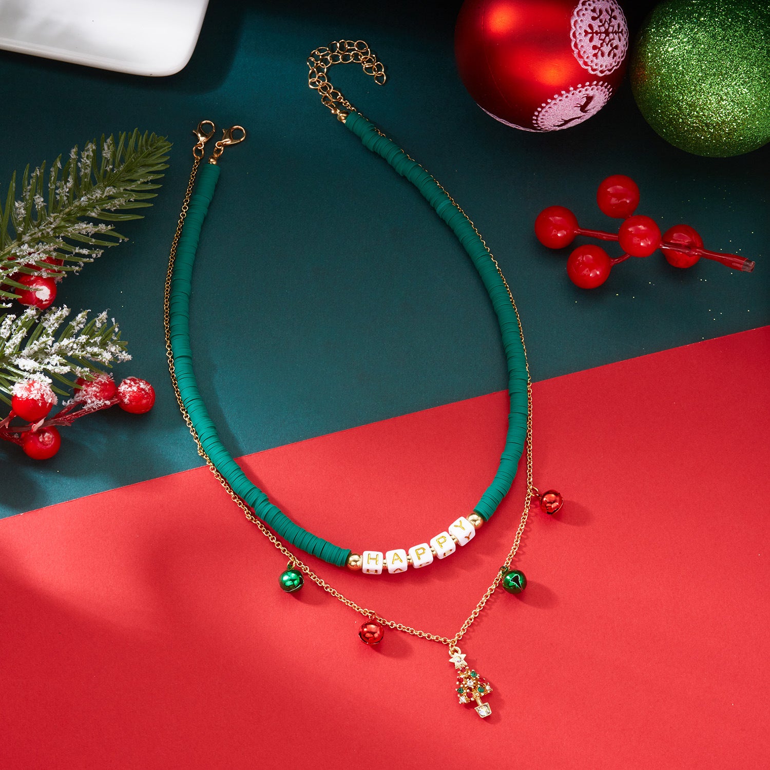 Wholesale Christmas Tree Snowflake Polymer Clay Double Layer Necklace