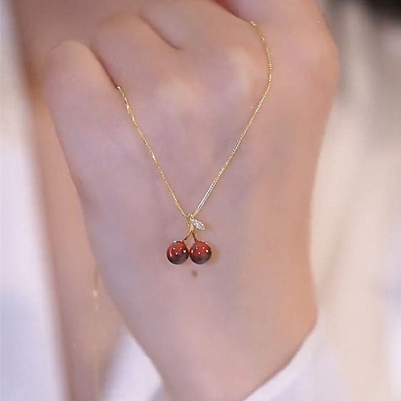 Wholesale Gold Plated Copper Small Cherry  Red Pendant Necklace