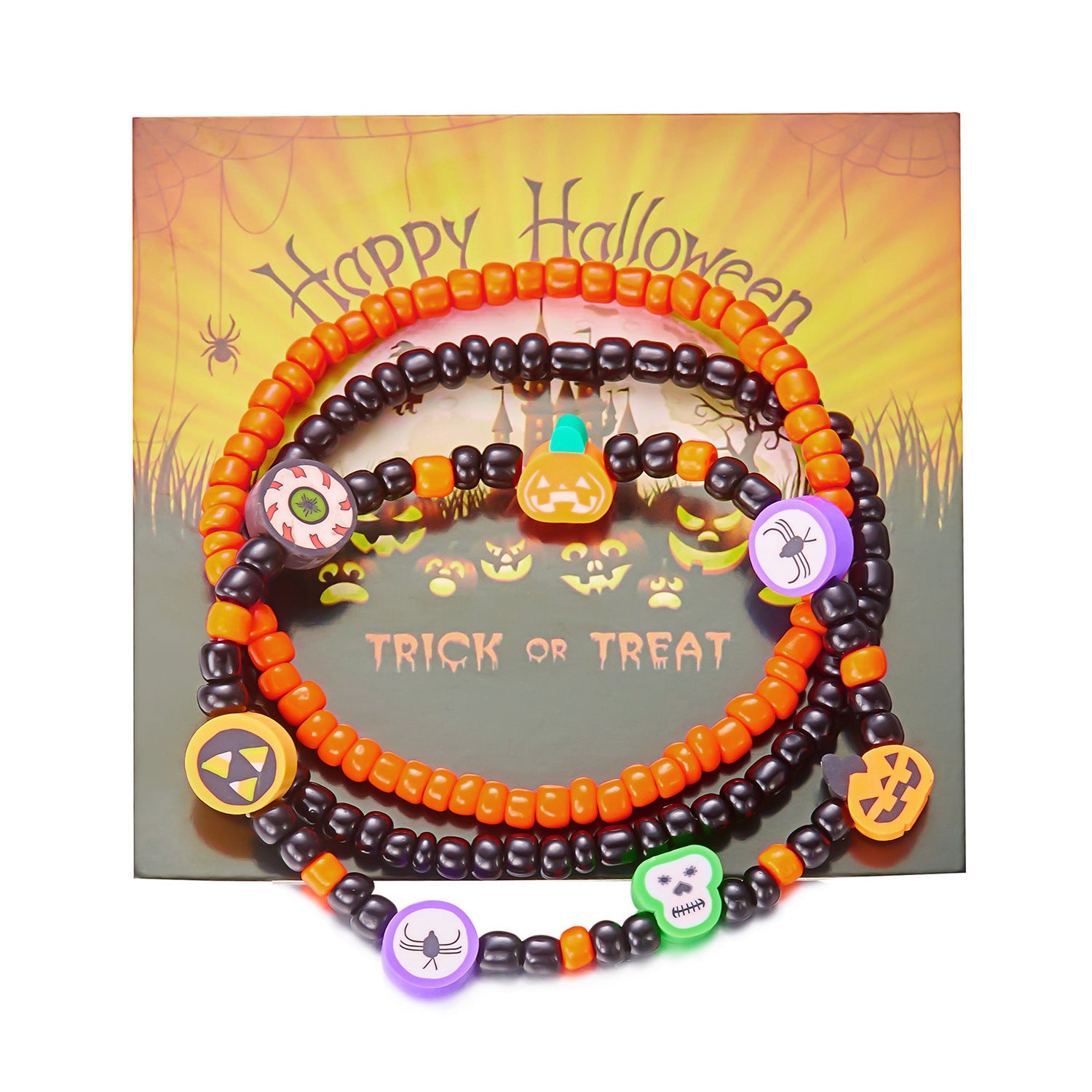 Wholesale rice beads orange pumpkin skull pendant hand jewelry set