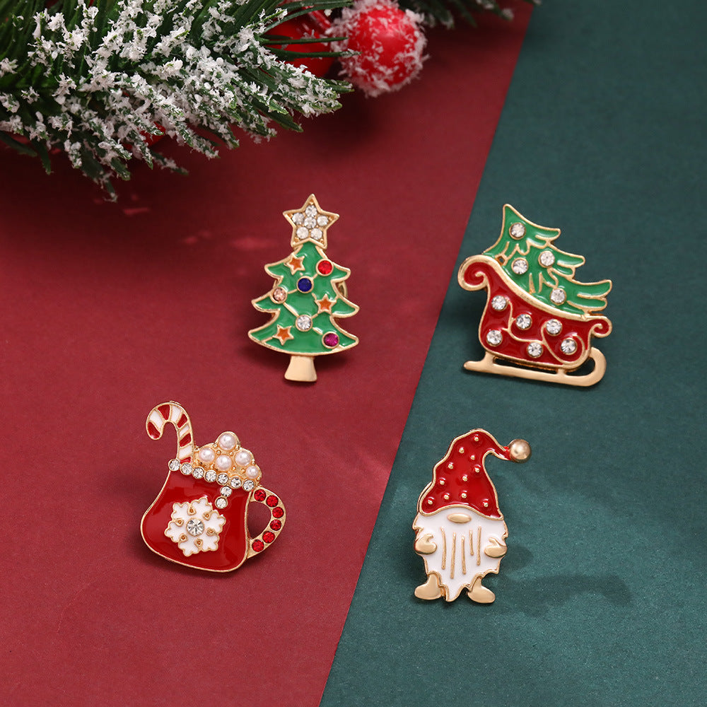 Wholesale  drop oil brooch personality Christmas tree Christmas pearl diamond alloy brooch 4 piece set