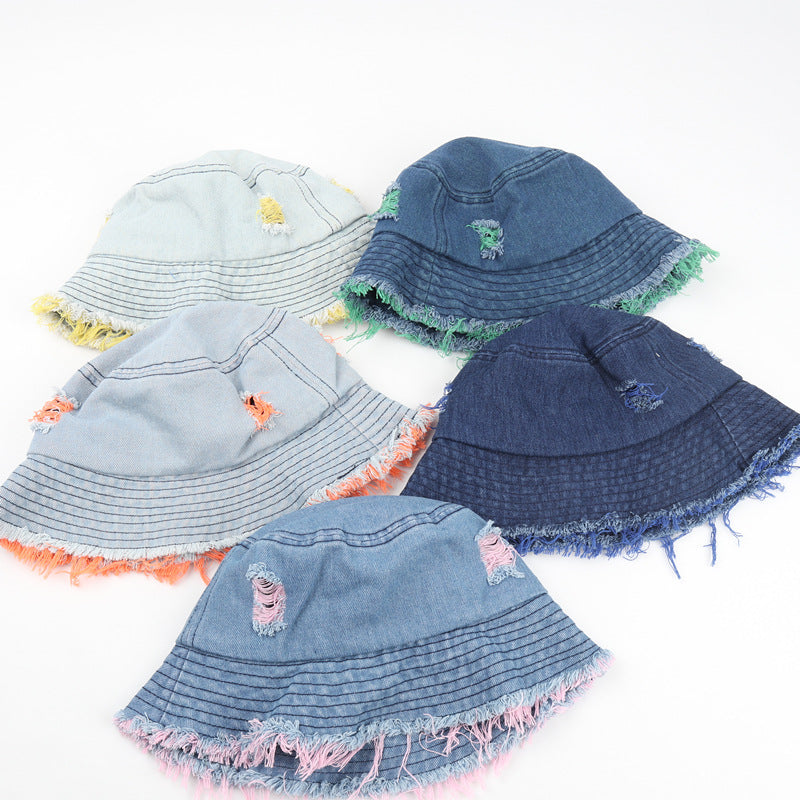 Wholesale  Colorful Ripped Edge Denim Fisherman Hat Bucket Hat