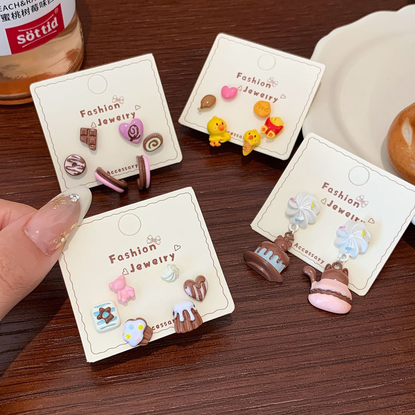 Wholesale Dopamine chocolate cake dessert earring set silver needle cute little yellow duck cartoon earrings