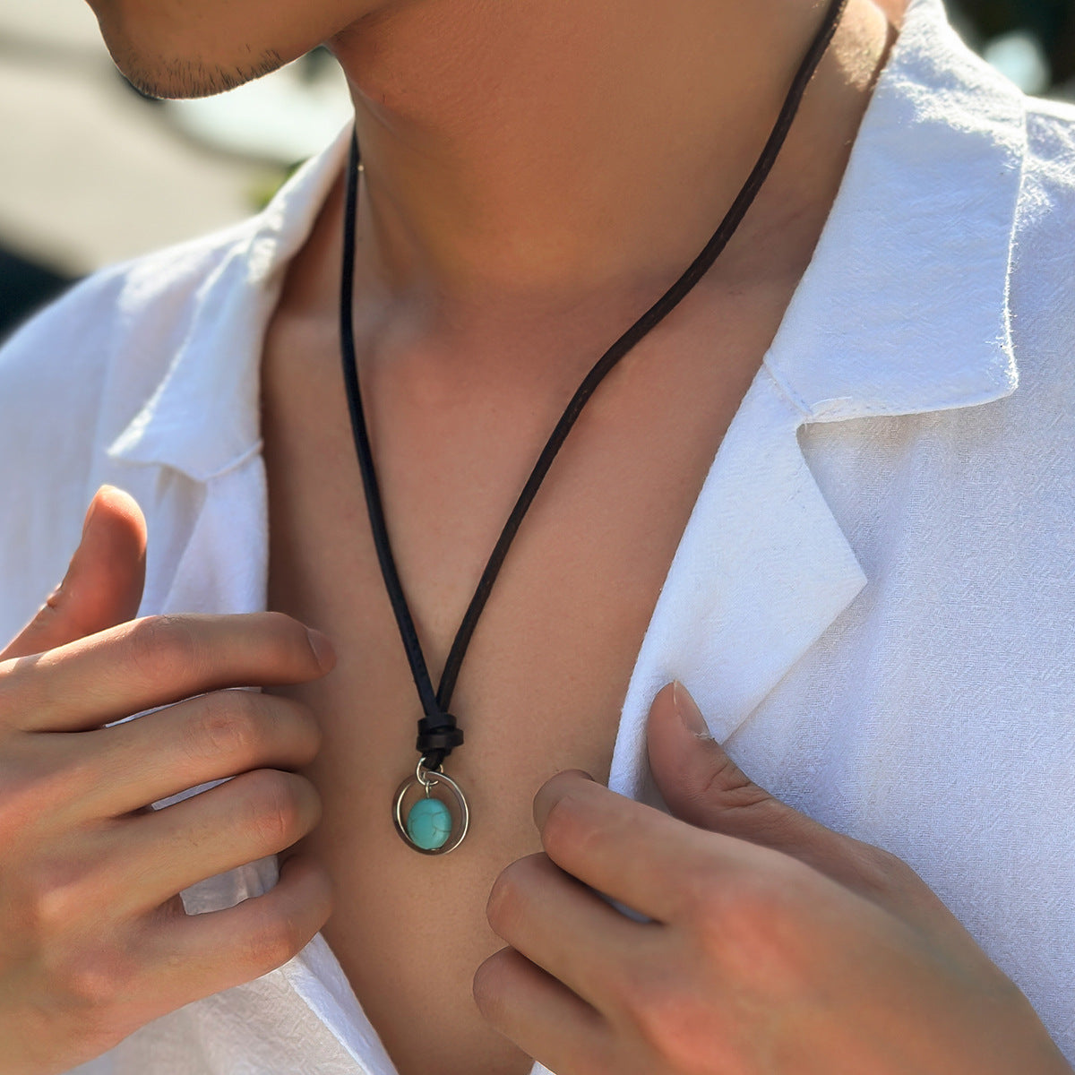 Wholesale Vintage Leather Men's Collarbone Chain Ring Turquoise Necklace ACC-NE-Puxin010