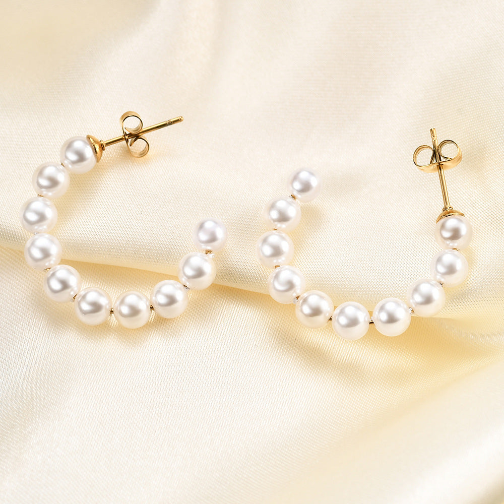 Wholesale Titanium Steel Light luxury pearl C-shaped earrings