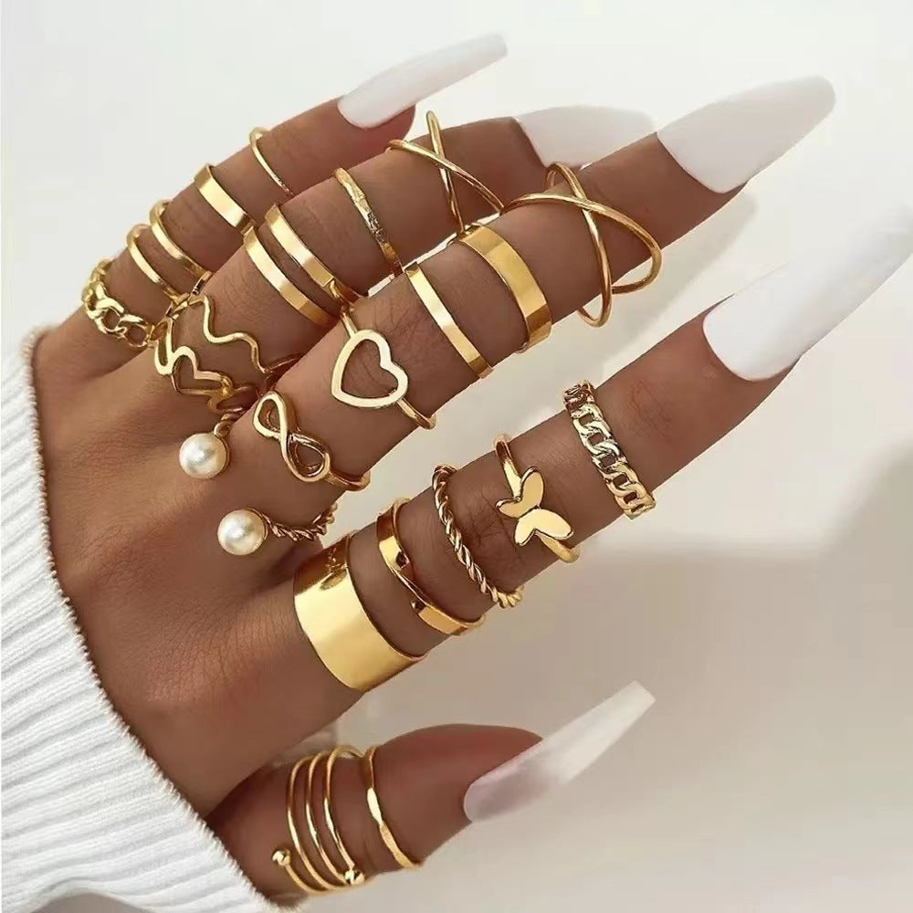 Wholesale Gold Zinc Alloy Geometric Hollow Heart Ring Set 22 Pieces Adjustable Women S Fashion Jewelry