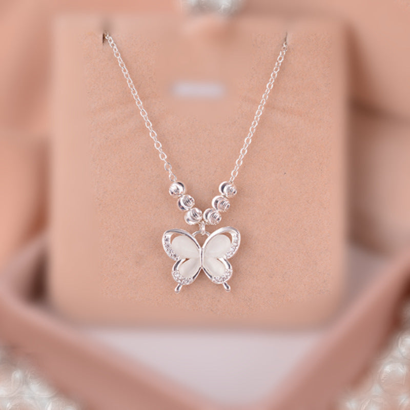 Wholesale Silver Plated Butterfly Pendant Necklace,  New Chinese Style Cat Eye Choker,  Fashion Jewelry Accessory