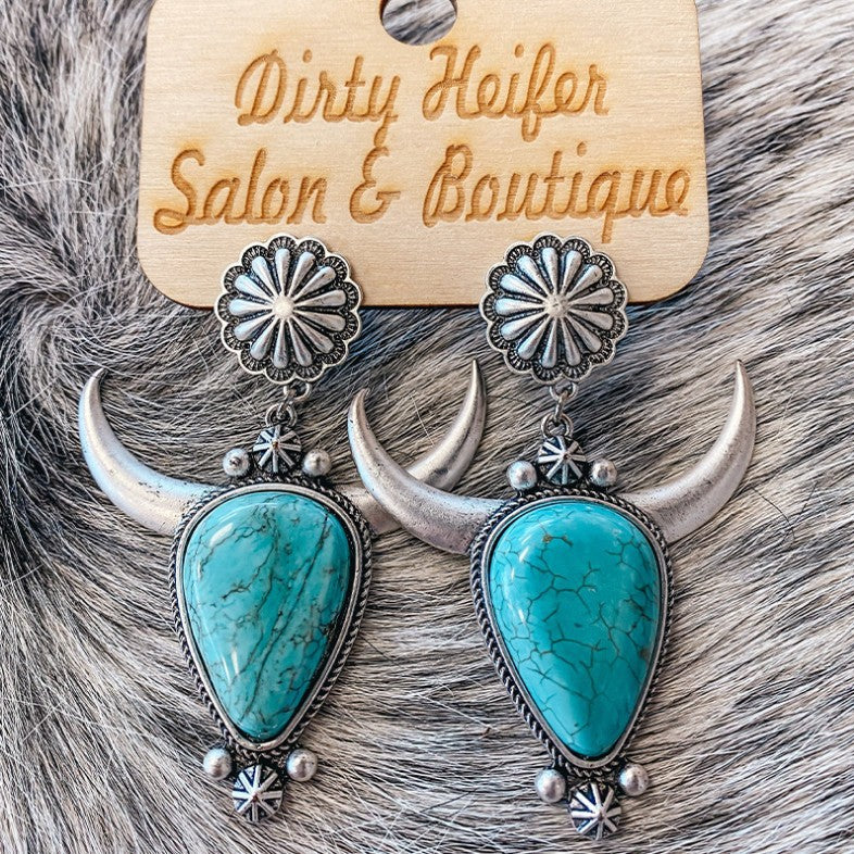 Wholesale  bohemian style Western Bull Head ear studs water drop turquoise earrings