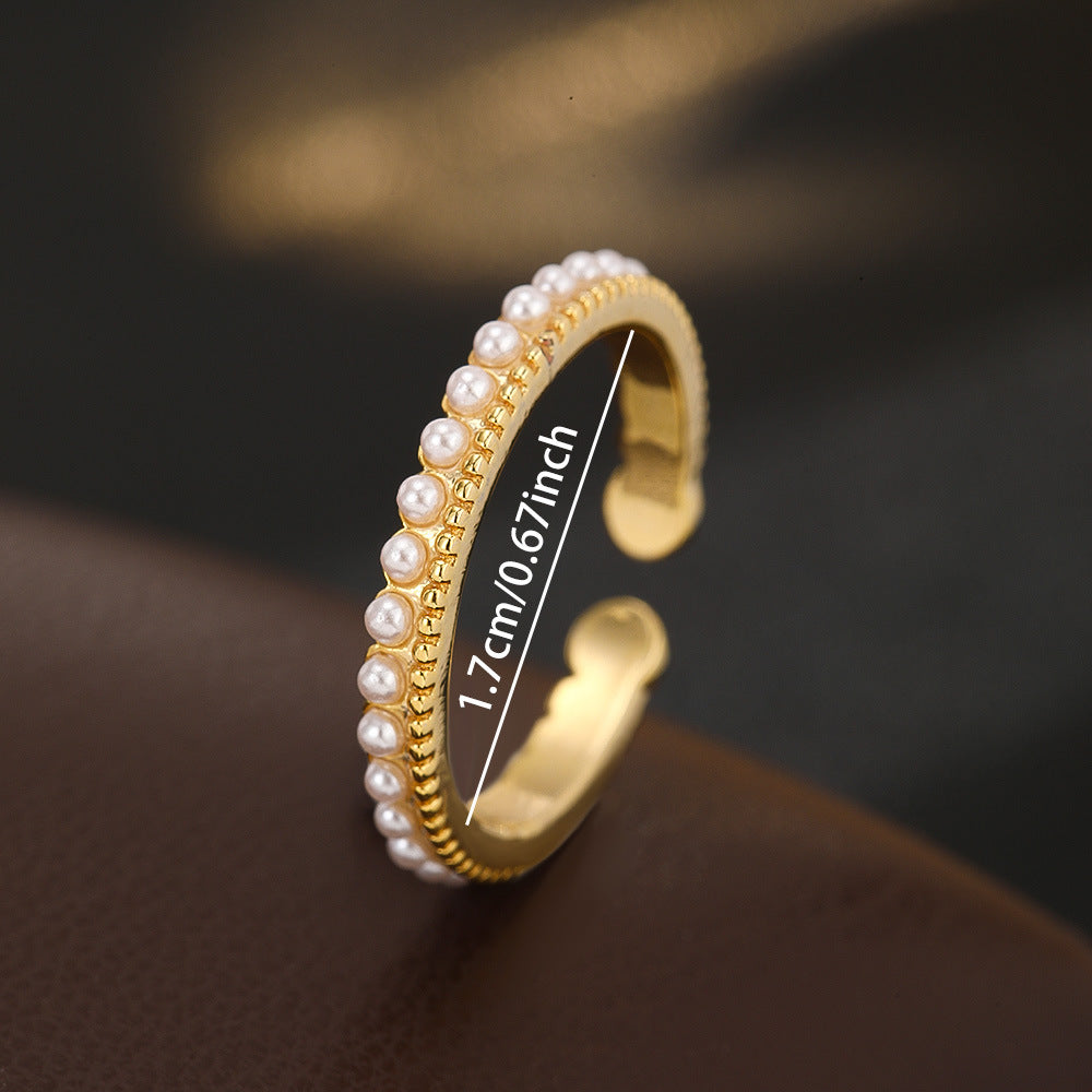 Wholesale Trendy Pearl Design Open Stacking Ring Copper Zircon Electroplated Jewelry For Women Everyday Chic Accessory
