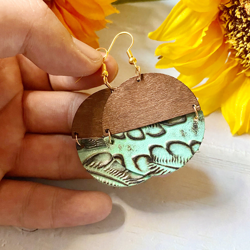 Wholesale Western earrings Wood  genuine leather embossed  earrings