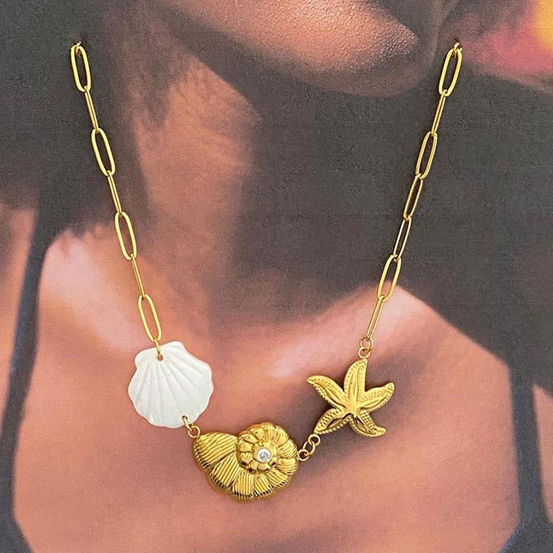 Wholesale 18K gold stainless steel diamond-encrusted conch hammer starfish pendant  necklace jewelry