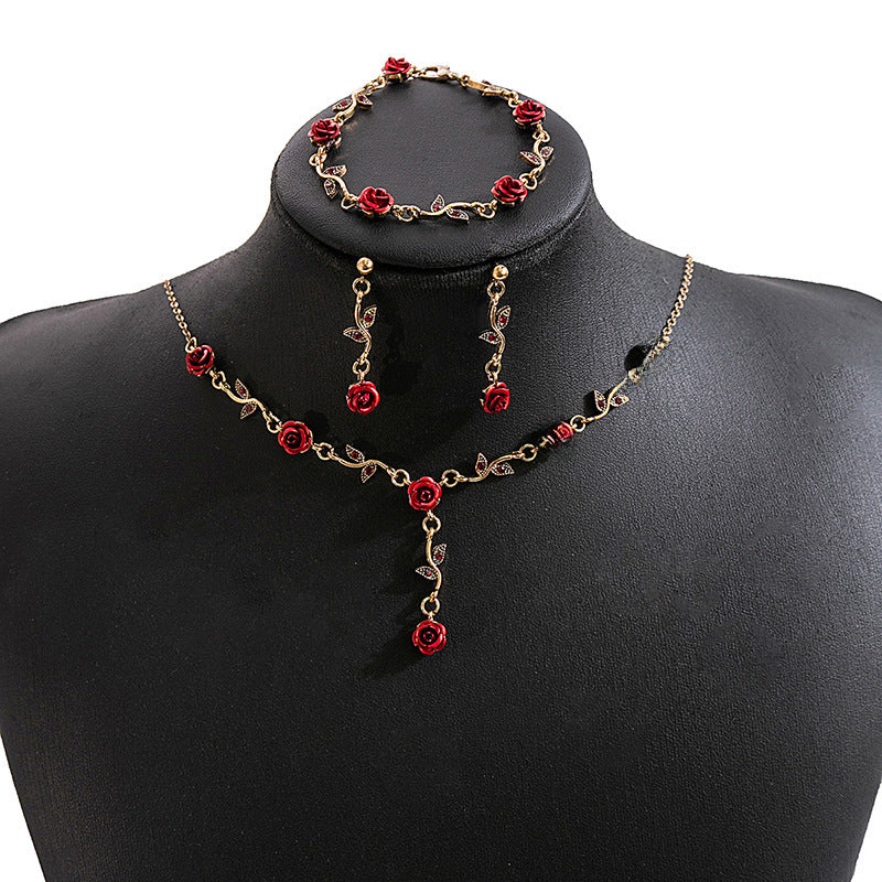 Wholesale  Rose Earrings Vintage Romantic Red Flower Bracelet  Necklace suit