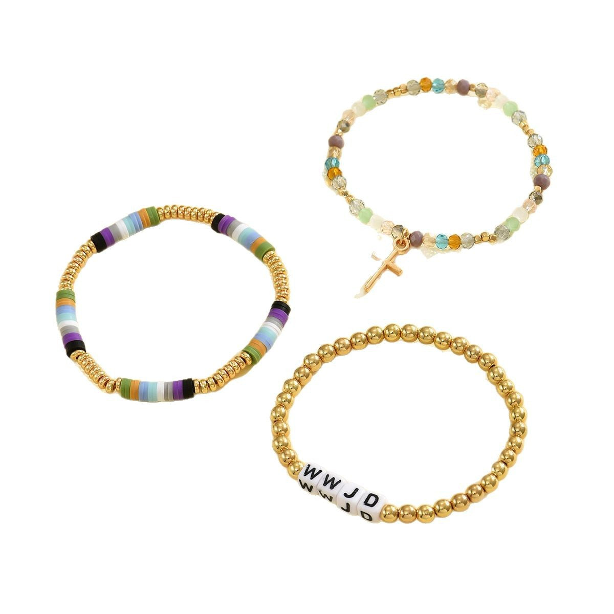 Wholesale Polymer clay letter and cross pendant stretch bracelet set