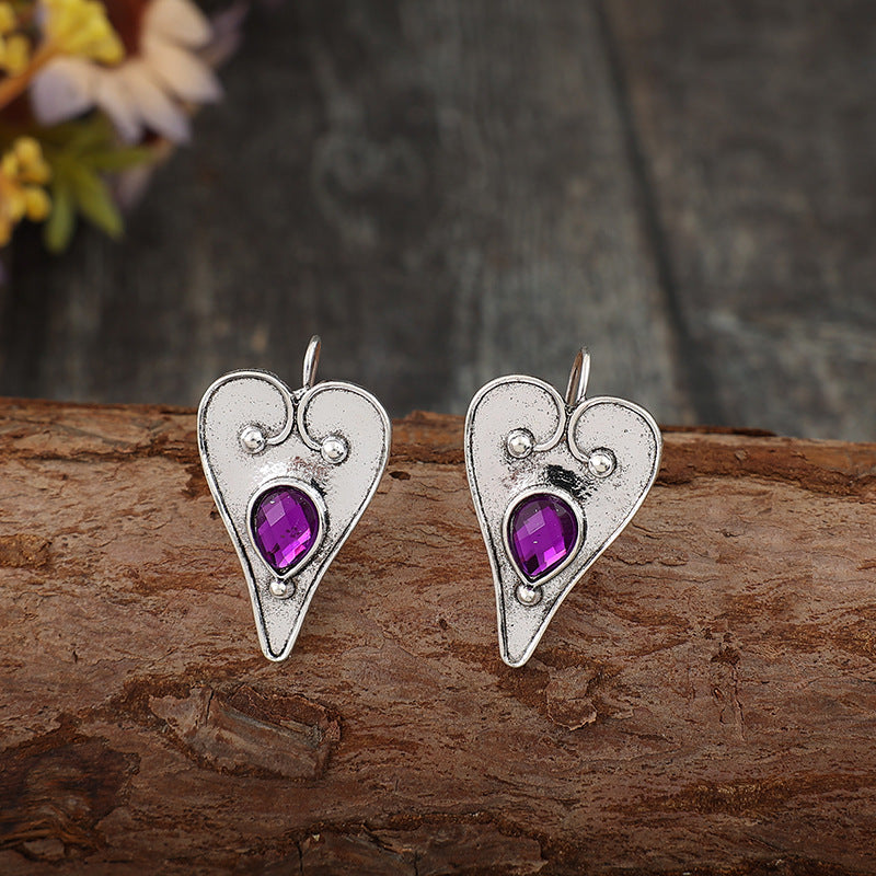 Wholesale Retro Bohemian Heart-Shaped Purple Gemstone Inlay Alloy Earrings for Everyday Wear
