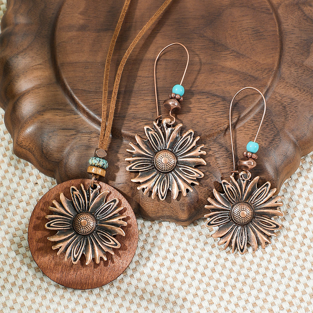 Wholesale Retro Bohemian Alloy Electroplated Jewelry Set Round Hollow Earrings Long Necklace Party Wear