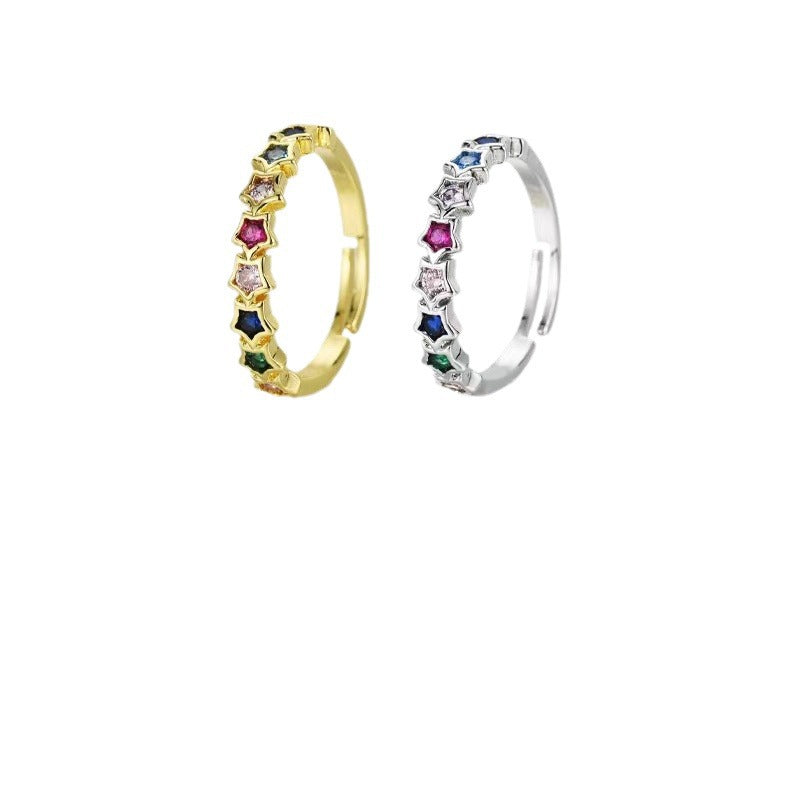Wholesale Copper Plated 18K Gold Micro-inlaid Colored Zircon Five-pointed Star Open Adjustable Rings ACC-RS-YXY028