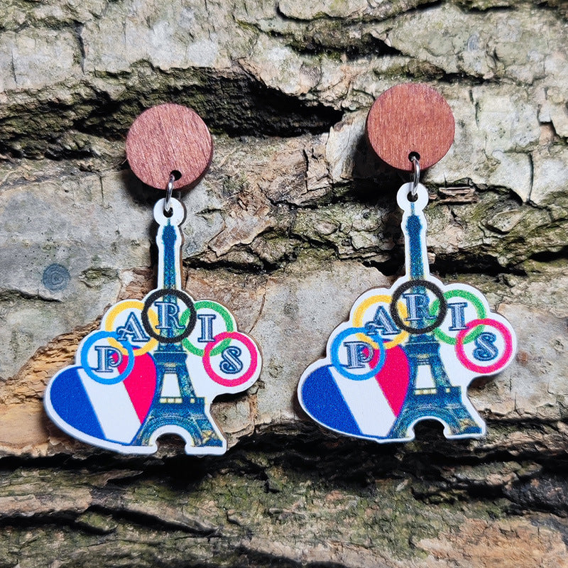 Wholesale sports meet love earrings French flag color landmark tower wooden earrings