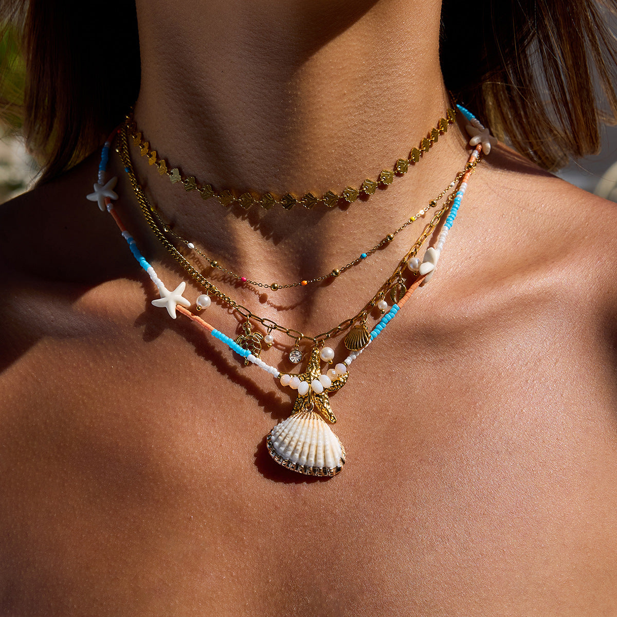 Wholesale 18K Gold Stainless Steel Rice Pearl Shell Pendant Orange Blue Rice Pearl Starfish Necklace