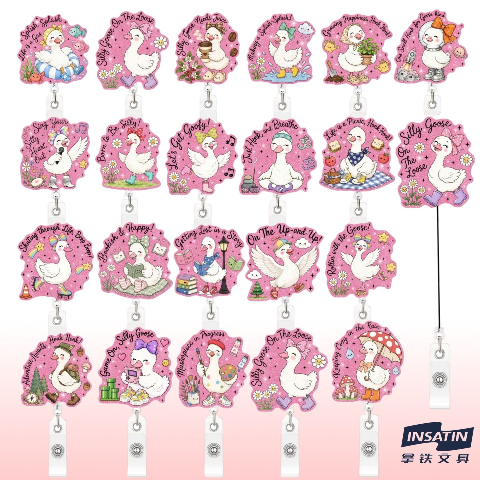 Wholesale Plastic Retractable Badge Clip Pink Goose Design Stylish Office ID Card Holder And Everyday Work Accessory