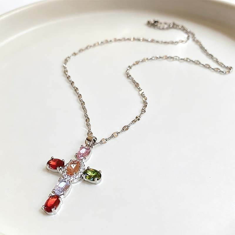Wholesale Layering Colorful Cross Pendant Necklace Zinc Alloy Crystal Chain Fashion Accessory