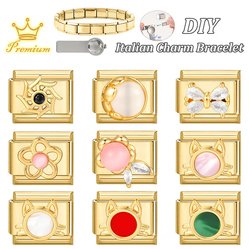 Wholesale Golden Bow Cat Sun Element DIY Modular Bracelet Stainless Steel Jewelry Accessory