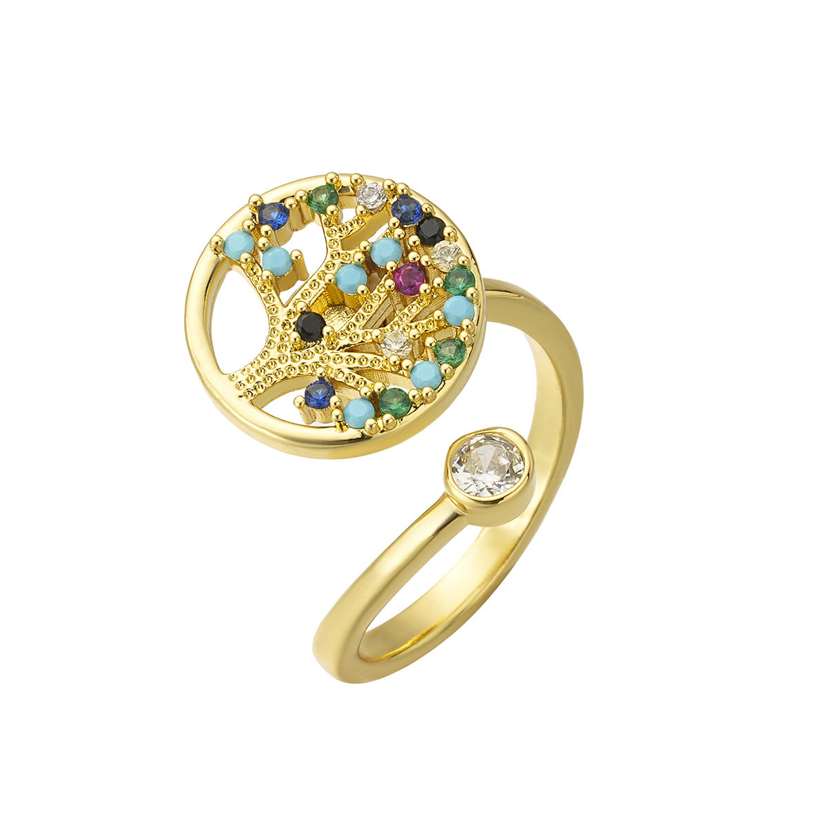 Wholesale Trendy Copper Adjustable Ring with Colorful Zircon Tree of Life Design,  Fashion Jewelry Accessory for Daily Wear