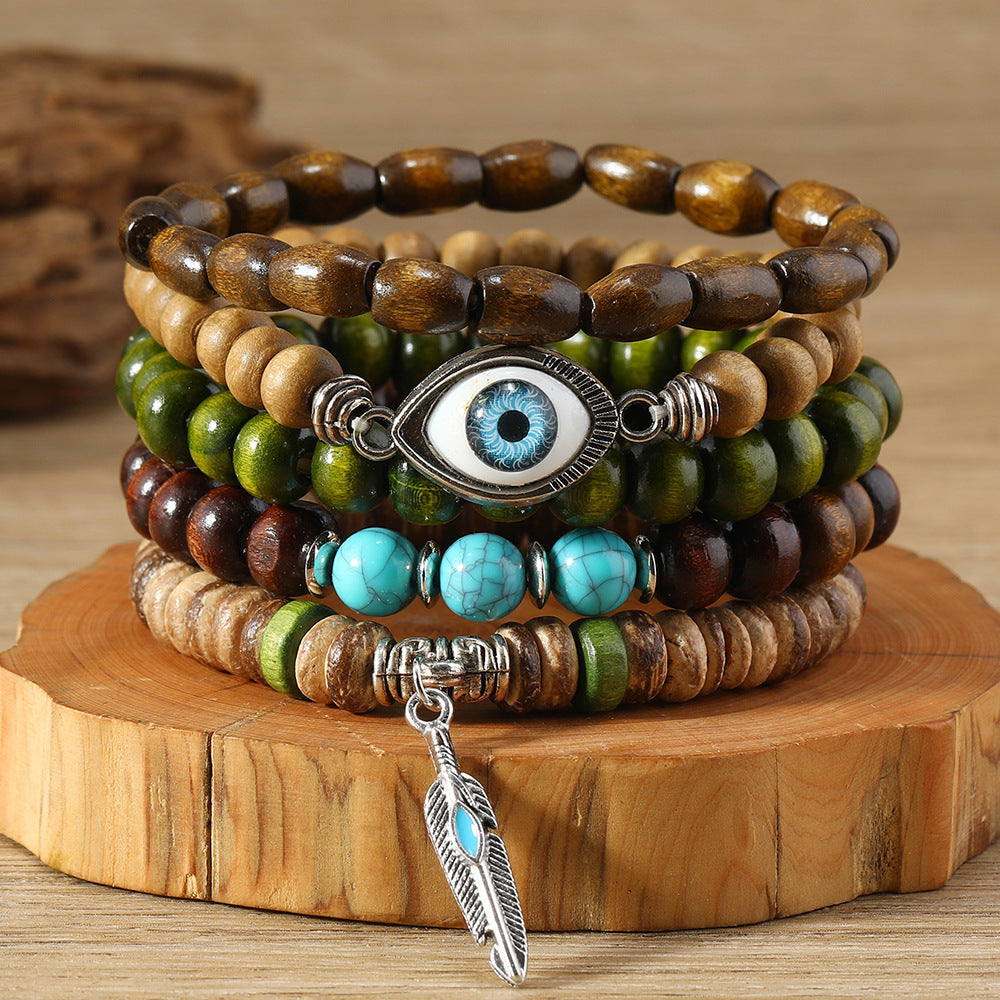 Wholesale  lucky eye feather multi-layer wooden beads beaded bracelet