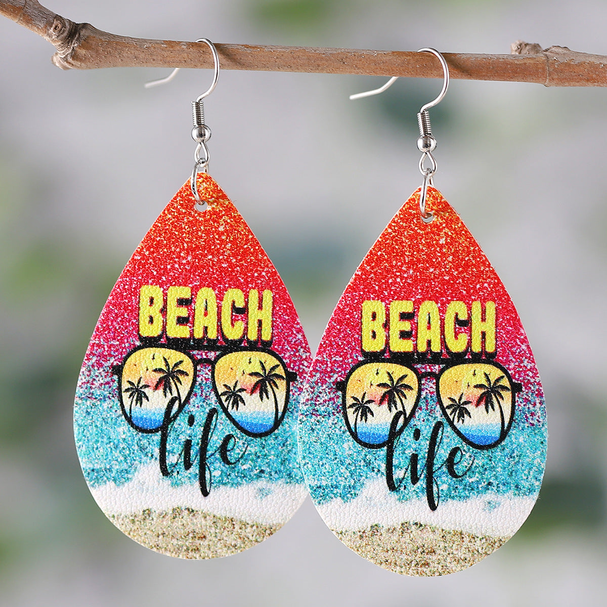 Wholesale  Ocean Wind Coconut Tree Beach Wave PU Double-sided Water Drop  Earrings
