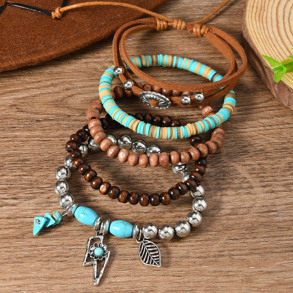 Wholesale 6-piece set  wooden beads beaded soft pottery pine stone bracelet