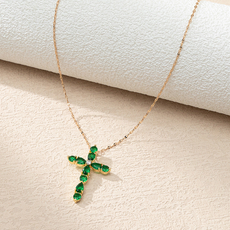 Wholesale Colored Zirconia Micro Inlay Cross Necklace