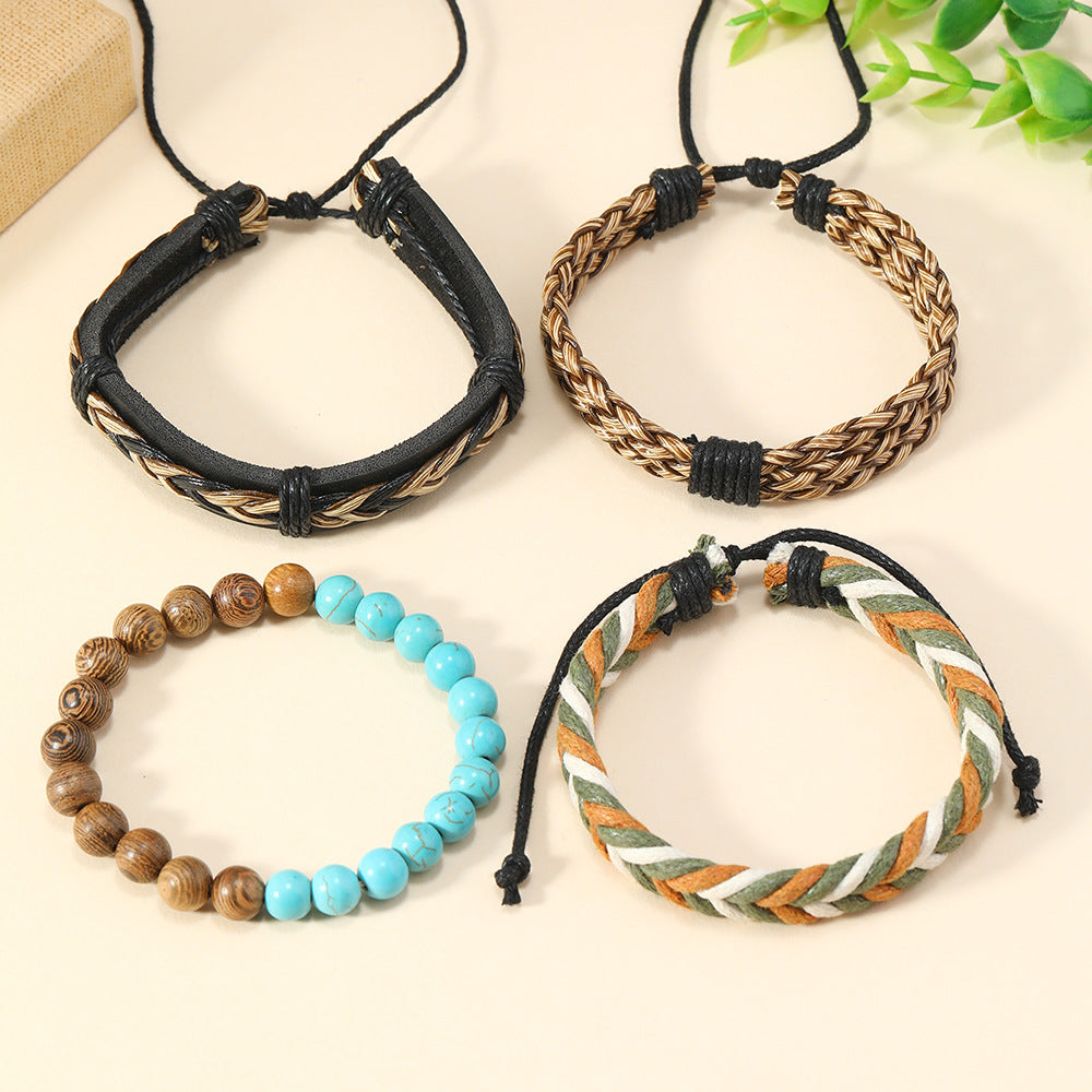 Wholesale Bohemian Handmade Woven Wood Turquoise Bracelet Set