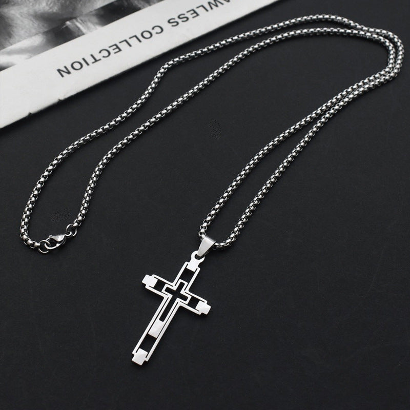 Wholesale Stainless Steel Polished Hollow Cross Pendant Necklace,  Trendy Hip-Hop Jewelry Accessory for Men and Women