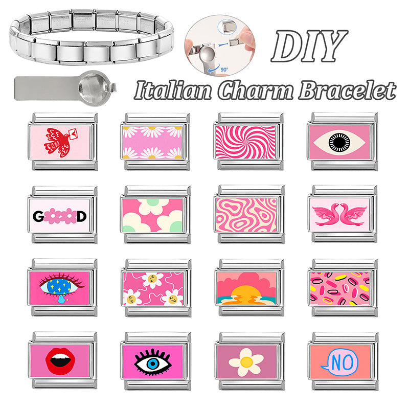 Wholesale Pink series flower  DIY  Single Section Creative Stainless Steel Composable Bracelet