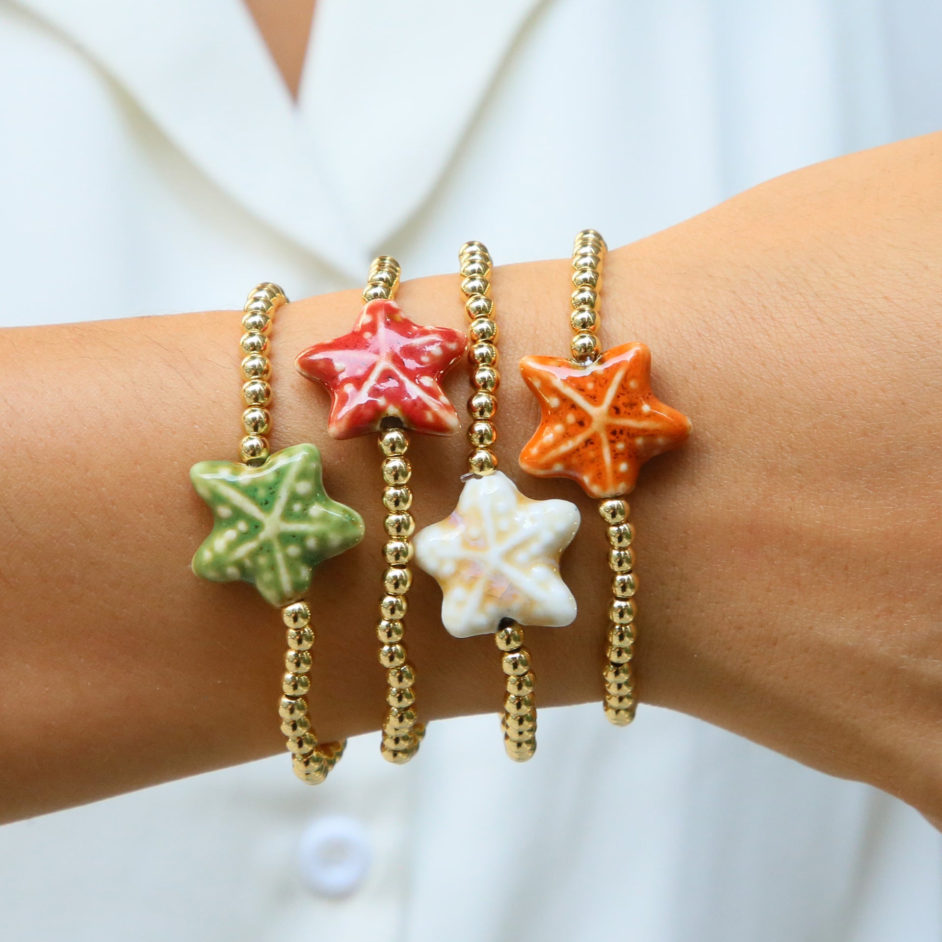 Wholesale Ceramic colored glass starfish elastic rope copper bead bracelet