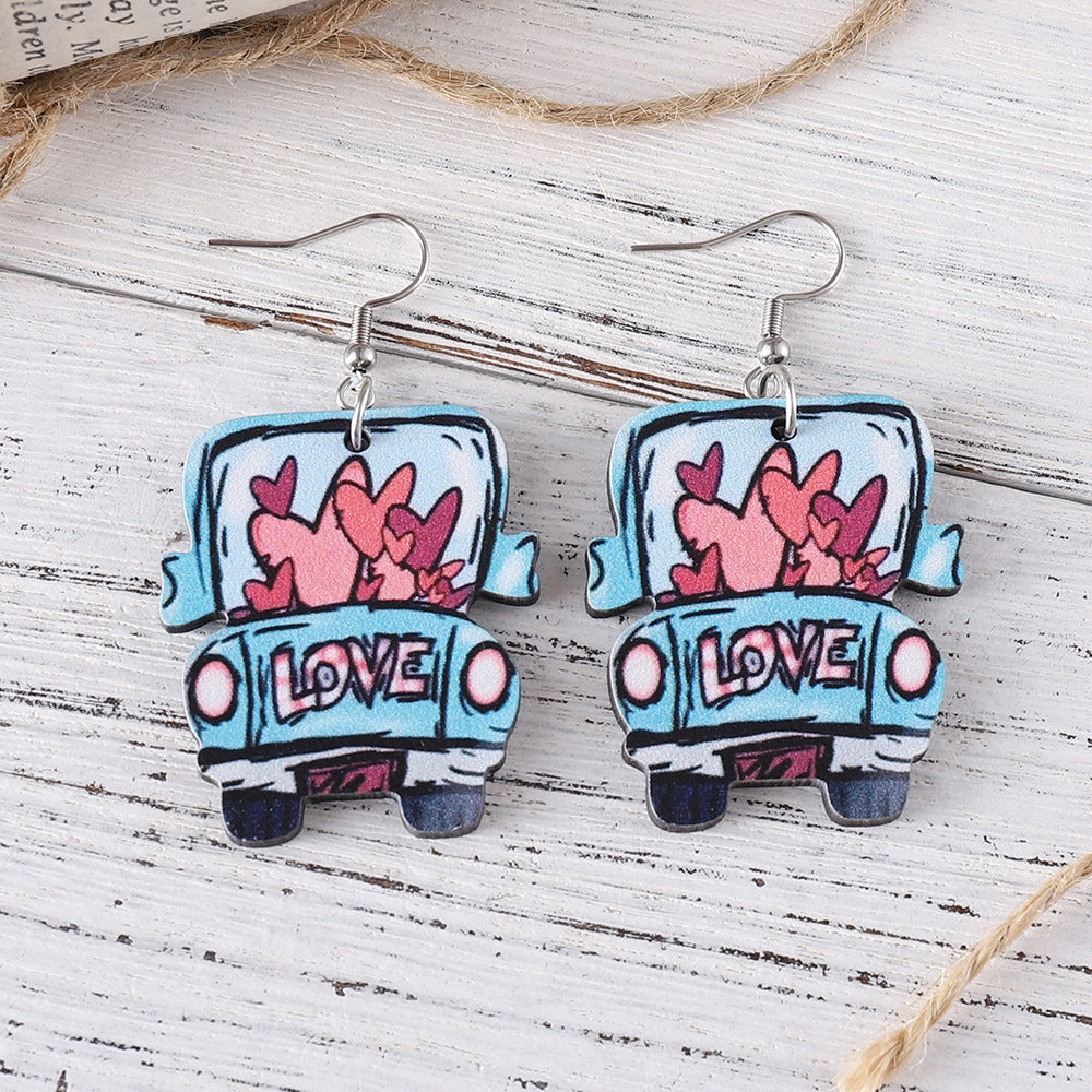 Wholesale 2PCS Wooden Valentine' s Day Heart-Shaped Car Earrings