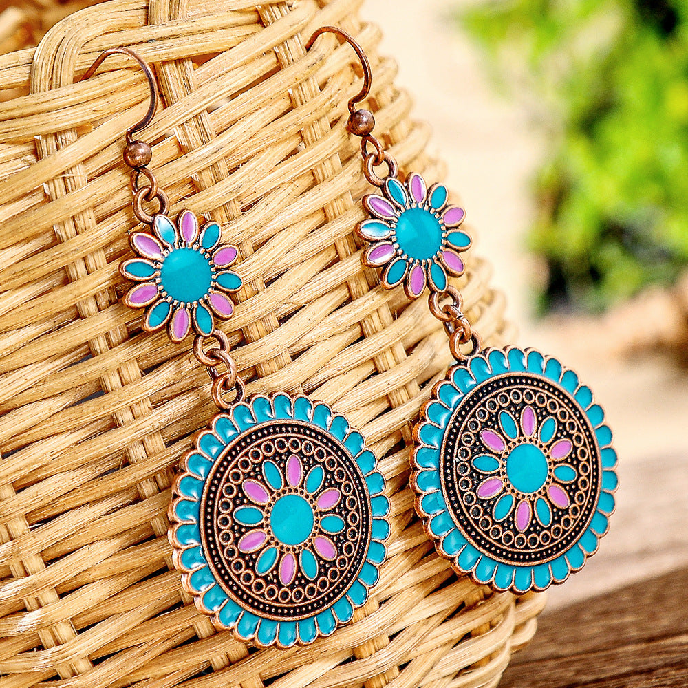 Wholesale Retro Sunflower Oil Drip Earrings - Zinc Alloy Jewelry Accessory for Party